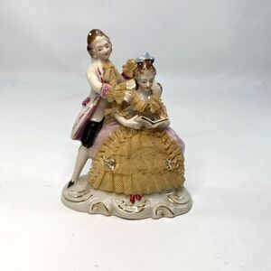 Vintage Lady & GentleMan Porcelain Victorian Figurines Reading Dresden Lace 5"